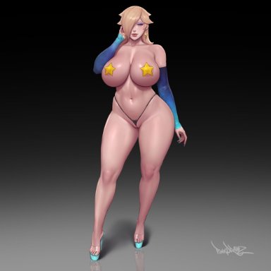 mario (series), princess rosalina, pinkdrawz, 1girls, belly, belly button, big ass, big breasts, blonde female, blonde hair, blonde hair female, blue eyes, blue nails, curvaceous, curves