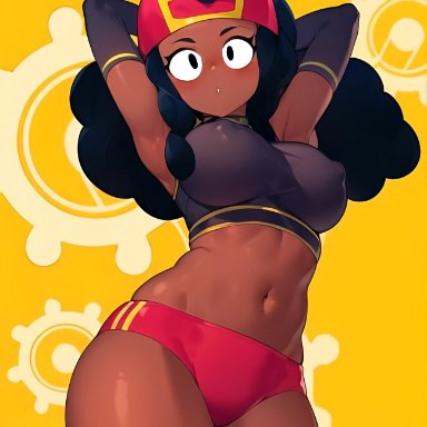 brawl stars, supercell, meg (brawl stars), big breasts, black hair, black skin, breasts, clothed, clothing, female, female only, nipple bulge, posing, posing for the viewer, shorts