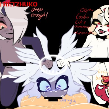 hazbin hotel, emily (hazbin hotel), niffty (hazbin hotel), vaggie (hazbin hotel), retzhuko (artist), cum, cum in mouth, cum inside, deep penetration, deepthroat, female, ffffm fivesome, foursome, glowing, glowing eyes