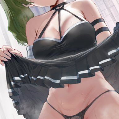 sousou no frieren, ubel (sousou no frieren), hews, 1girls, bare shoulders, black panties, breasts, choker, cleavage, clothes lift, dress, dress lift, hair between eyes, large breasts, lifted by self