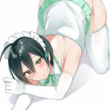 danganronpa, danganronpa v3, new danganronpa v3, saihara shuuichi, nyotayohu3, 1boy, all fours, ass, ass up, bent over, blush, crossdressing, elbow gloves, embarrassed, femboy