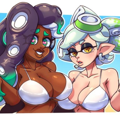 nintendo, splatoon, splatoon (series), splatoon 2, marie (splatoon), marina (splatoon), professorzolo, 2girls, breasts, female, female only, looking at viewer, swimsuit