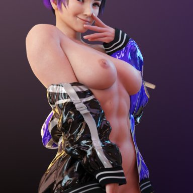 namco, tekken, tekken 8, reina mishima, batesz, 1girls, black hair, breasts, female, huge breasts, jacket only, light skin, light-skinned female, nipples, nude