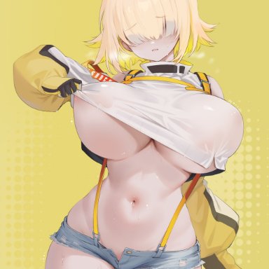 goddess of victory: nikke, elegg (nikke), 1girls, ahoge, ass visible through thighs, bare shoulders, belly, belly button, blonde hair, blush, booty shorts, denim shorts, female, female only, fully clothed