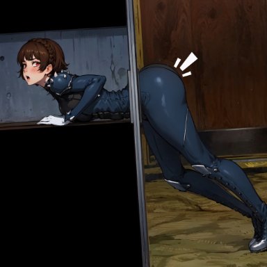 persona, persona 5, makoto niijima, lt4 ai, 1girls, ass, big ass, big butt, blush, brown hair, huge ass, inconvenient ass, red eyes, short hair, side view