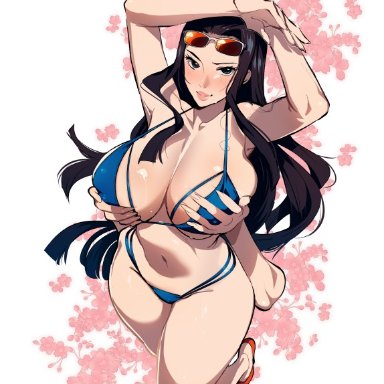 one piece, nico robin, kukumomo, 1girls, big breasts, bikini, breast grab, female, female only, glasses, hana hana no mi, white skin