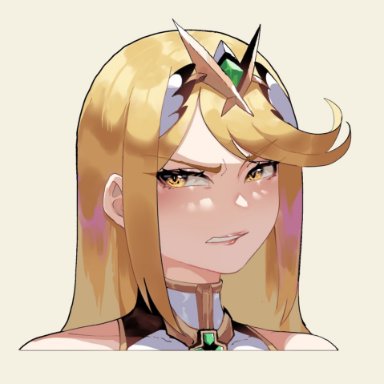 nintendo, xenoblade (series), xenoblade chronicles (series), xenoblade chronicles 2, mythra, mythra (xenoblade), nyantcha, thiccwithaq, 1girls, blonde hair, blouse, chest jewel, disgust, female, long hair