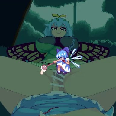 touhou, cirno, eternity larva, yado taityou, 1futa, 1girls, blue hair, bottomless, breasts, butterfly wings, clothed, clothing, covered breasts, cum, cum in clothes