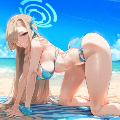 blue archive, asuna (blue archive), waifulover, 1girls, ass, bare arms, bare legs, bare shoulders, bare thighs, beach, big breasts, bikini, bikini bottom, bikini top, blonde hair