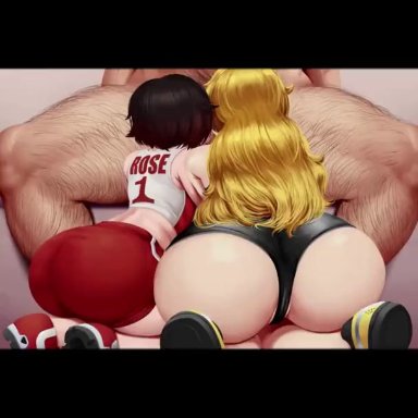 rwby, ruby rose, yang xiao long, jlullaby, 2boys, 2girls, black hair, black hair female, blonde female, blonde hair, blowjob, cum, cum explosion, cum in mouth, cum in pussy