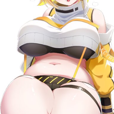 goddess of victory: nikke, elegg (nikke), :3, 1girls, ahoge, belly, belly button, blonde hair, blush, cute fang, female, female only, fully clothed, hair over eyes, midriff