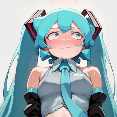 hatsune miku, 1girls, aqua eyes, aqua hair, bare shoulders, closed mouth, crop top pull, detached sleeves, dripping, embarrassed, female, female only, from below, grey shirt, hair ornament