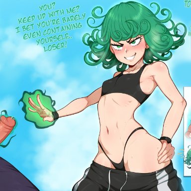 one-punch man, fubuki (one-punch man), tatsumaki, latbjorn ai, baggy clothing, black hair, blush, chibi, clouds, cocky, cum on breasts, cum on face, exposed midriff, faceless male, green eyes