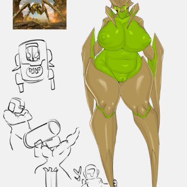 arrowhead game studios, helldivers, helldivers 2, bile titan, helldiver (helldivers), terminid, tozamtr, 1girls, 3boys, alien, alien girl, anthro, anthrofied, areola, areolae