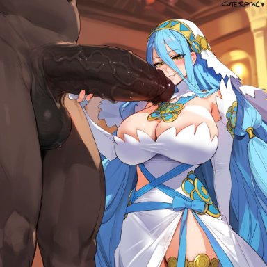 fire emblem, fire emblem fates, nintendo, azura (fire emblem), lucyla, 1boy, 1girls, big penis, blue hair, blush, breasts, clothed female nude male, dark-skinned male, fat man, grabbing penis