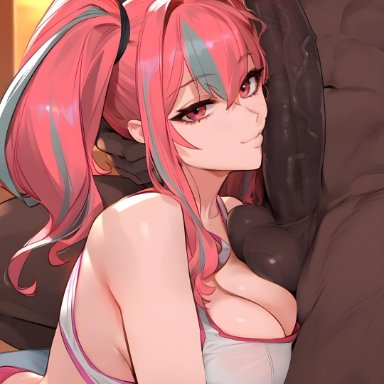 azur lane, bremerton (azur lane), 1boy, 1boy1girl, 1girl1boy, 1girls, blush, bremerton, dark-skinned male, grabbing, grabbing penis, licking penis, penis, penis grab, penis lick