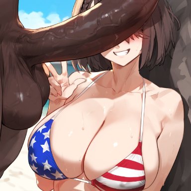 azur lane, baltimore (azur lane), truck kun, 1boy, 1boy1girl, 1girls, american flag, american flag bikini, beach, big breasts, big penis, bikini, black hair, blush, breasts