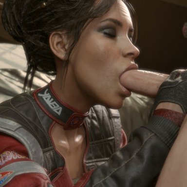 cd projekt red, cyberpunk 2077, panam palmer, bluelight, 1boy, 1boy1girl, 1girls, brown hair, closed eyes, eyeshadow, fellatio, jacket, large penis, light-skinned male, tanned female