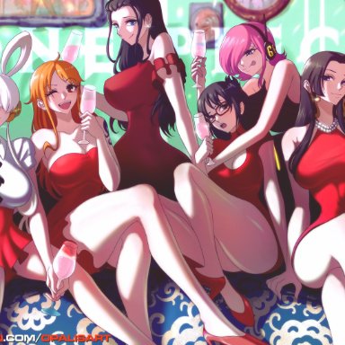 one piece, shounen jump, boa hancock, nami, nami (one piece), nico robin, tashigi, uta (one piece), vinsmoke reiju, opalisart, 6girls, bare arms, bare legs, bare shoulders, bare thighs