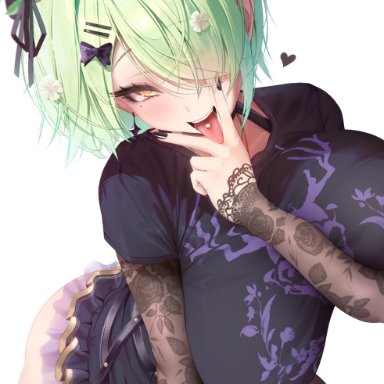hololive, hololive english, hololive english -council-, hololive english -promise-, ceres fauna, prrrab, 1girls, branch horns, breasts, clothed, female, goth, green hair, horns, huge breasts