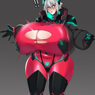 vshojo, zentreya, strongmoist, 1girls, blush, bodysuit, breast expansion, breasts bigger than body, breasts bigger than head, cleavage, female, female only, gigantic breasts, growing, growing breasts