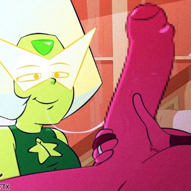 steven universe, garnet (steven universe), peridot (steven universe), kaleido ftx, 1futa, 1girls, big penis, clothed, clothing, cock slap, duo, erection, female, female focus, foreskin