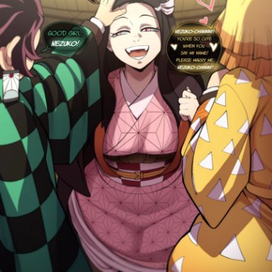 demon slayer, kimetsu no yaiba, kamado nezuko, kamado tanjirou, nezuko kamado, tanjiro kamado, zenitsu agatsuma, blackwhiplash, 1girls, 2boys, big ass, black hair, clothing, hand on head, incest