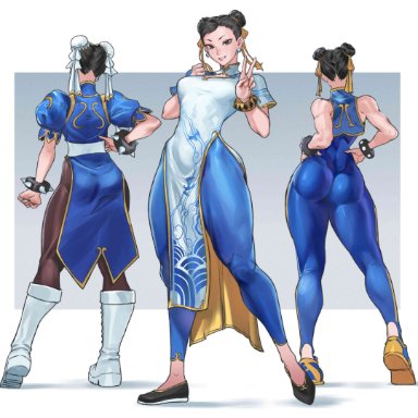 capcom, street fighter, street fighter 6, street fighter ii (series), street fighter zero (series), chun-li, juaagacgy, 1girls, ass, bare shoulders, boots, bracelet, breasts, bun cover, china dress