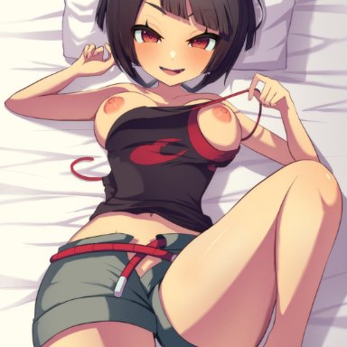 nintendo, pokemon, pokemon oras, zinnia (pokemon), 1girls, belly, belly button, booty shorts, breasts, breasts out, breasts out of clothes, dark hair, dark skin, dark-skinned female, exposed breasts