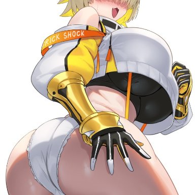 goddess of victory: nikke, elegg (nikke), cuboon, :3, ass focus, cameltoe, dat ass, full-face blush, hand on ass, huge ass, huge breasts, huge thighs, looking back, nervous, nervous sweat