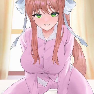 doki doki literature club, yami304, bed, bed covers, bed sheet, bedroom, bedroom eyes, bedroom setting, bedsheets, bow, bow in hair, bow tie, bowtie, bowtie on head, green eyes