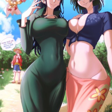 one piece, one-punch man, shounen jump, fubuki (one-punch man), fubuki (one-punch man) (cosplay), monkey d luffy, nico robin, nico robin (cosplay), saitama, opalisart, 2boys, 2girls, big breasts, black hair, blue eyes