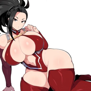 boku no hero academia, my hero academia, momo yaoyorozu, yaoyorozu momo, 1girls, adapted costume, black hair, female, female only, huge breasts, looking at viewer, simple background, solo, superhero, superheroine