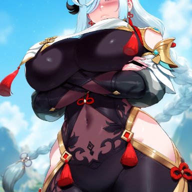 genshin impact, shenhe (genshin impact), creamy ai, arms under breasts, bodysuit, crossed arms, from below, grey hair, huge breasts, long hair, scowl, thick thighs, ai generated, hi res, patreon username