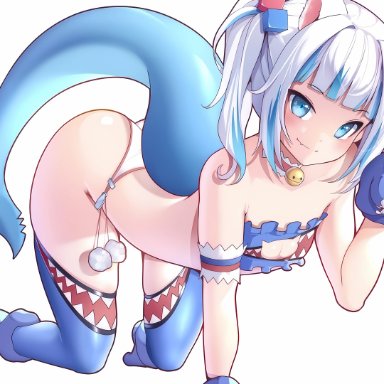 hololive, hololive english, hololive myth, gawr gura, hotvr, 1girls, animal ears, bell collar, blue eyes, cat ears, female, looking at viewer, multicolored hair, paw gloves, shark girl