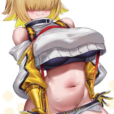 goddess of victory: nikke, elegg (nikke), enmanuelart20, :3, 1girls, ahoge, bare shoulders, bare thighs, big breasts, blonde hair, blush, booty shorts, clothed, clothing, cute fang