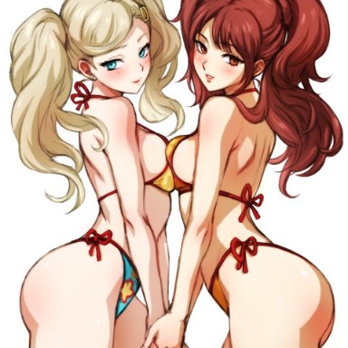 persona, persona 4, persona 5, ann takamaki, kujikawa rise, minacream, 2girls, ass, bikini, blonde hair, blue bikini, blue eyes, blue swimsuit, breasts, brown eyes