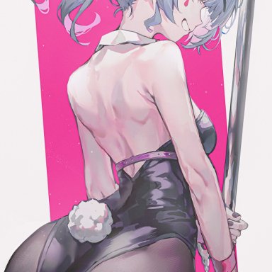 vocaloid, hatsune miku, hatsune miku (rabbit hole), myung yi, grin, holding pole, large ass, looking back, medium breasts, nail polish, painted nails, pole, rear view, thick thighs, wide hips