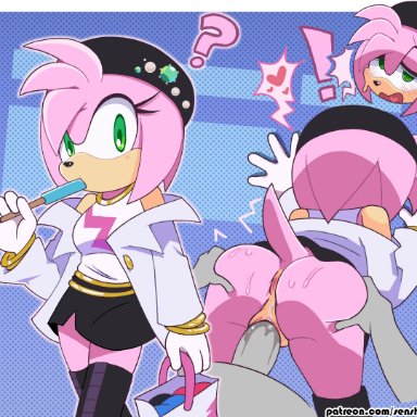 sega, sonic (series), sonic the hedgehog (series), amy rose, anon, senshion, 1girls, anthro, anus, big breasts, black boots, black hat, black skirt, boots, bracelet