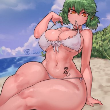 senran kagura, hikage (senran kagura), ourobot, 1girls, bikini, breasts, female, green hair, hips, large breasts, looking at viewer, naughty, orange eyes, outdoors, short hair