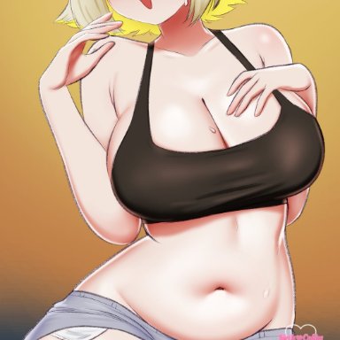 goddess of victory: nikke, elegg (nikke), :3, big breasts, black tank top, blonde hair, blush, booty shorts, breasts, cleavage, cute fang, female, female only, hair over one eye, midriff