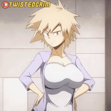 my hero academia, patreon, shounen jump, mitsuki bakugou, twistedgrim, 1girls, alternate breast size, areolae, black hair, blonde hair, bouncing breasts, breast hold, breasts, breasts out, cleavage