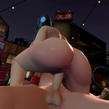 team fortress 2, valve, engineer (team fortress 2), fempyro, pyro (team fortress 2), riversizd, anus, ass, balls, cowgirl position, gas mask, looking at viewer, looking back, penis, pussy