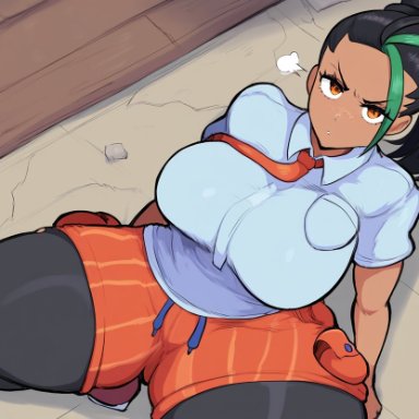 pokemon, pokemon sv, nemona (pokemon), angry, beaten, dark skin, dark-skinned female, defeated, female, freckles, huge breasts, looking at viewer, school uniform, schoolgirl, thick thighs