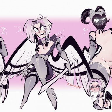 hazbin hotel, exorcist (hazbin hotel), lute (hazbin hotel), bileshroom, angel, angel humanoid, asian clothing, blush, clothing, east asian clothing, female, genitals, humanoid, japanese clothing, maebari