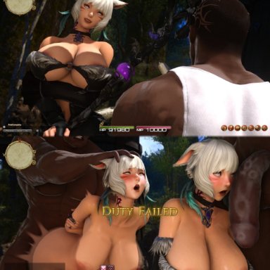 final fantasy, final fantasy xiv, miqo'te, y'shtola, kawaii awww, before and after, big breasts, breasts, cat ears, cat tail, catgirl, dark-skinned female, dark-skinned male, debuff, defeat sex