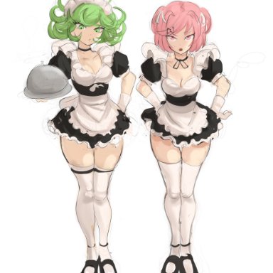 doki doki literature club, one-punch man, tatsumaki, rakeemspoon, 2girls, apron, breasts, choker, enmaided, female, female only, gloves, green eyes, green hair, hairclip