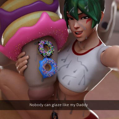overwatch, overwatch 2, kiriko (overwatch), roadhog, smitty34, belly tattoo, big dom small sub, cum covered, donut, food play, green hair, gym, gym clothes, huge cock, hyper penis