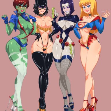 dc comics, justice league unlimited, teen titans, young justice, batwoman, kara zor-el, miss martian, raven (dc), supergirl, omiiverse, 4girls, alternate costume, bimbo, bimbofication, black hair