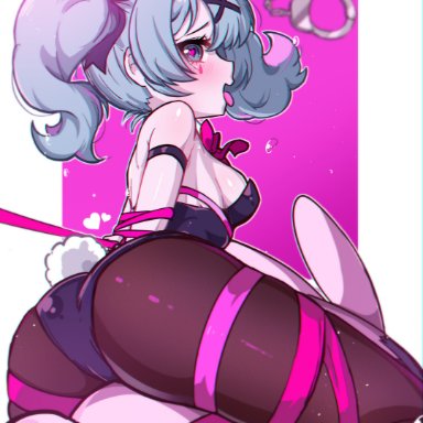 vocaloid, hatsune miku, hatsune miku (rabbit hole), 1girls, big ass, bondage, bunny ears, bunny girl, bunnysuit, handcuffs, horny, leotard, pink background, rabbit, rope